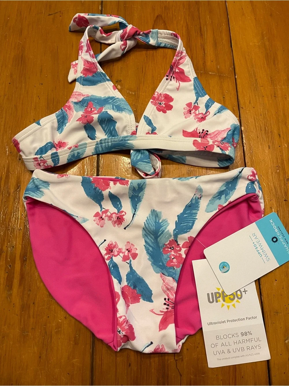 Snapper Rock White Halter Bikini with Pink & Blue Floral Print